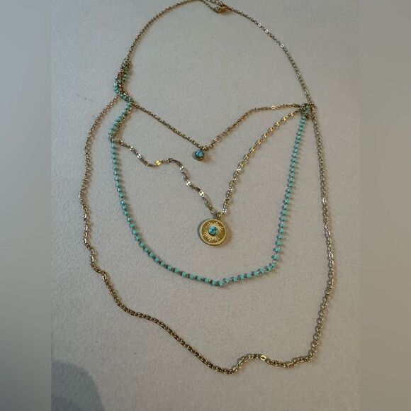 Elegant Gold and Turquoise Layered Necklace A1479 - Picture 3 of 5